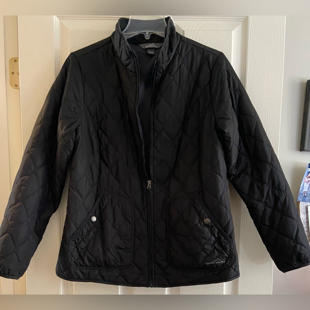 Eddie Bauer Jacket Womens Large Black Puffer Down Quilted Full Zip Pockets Solid